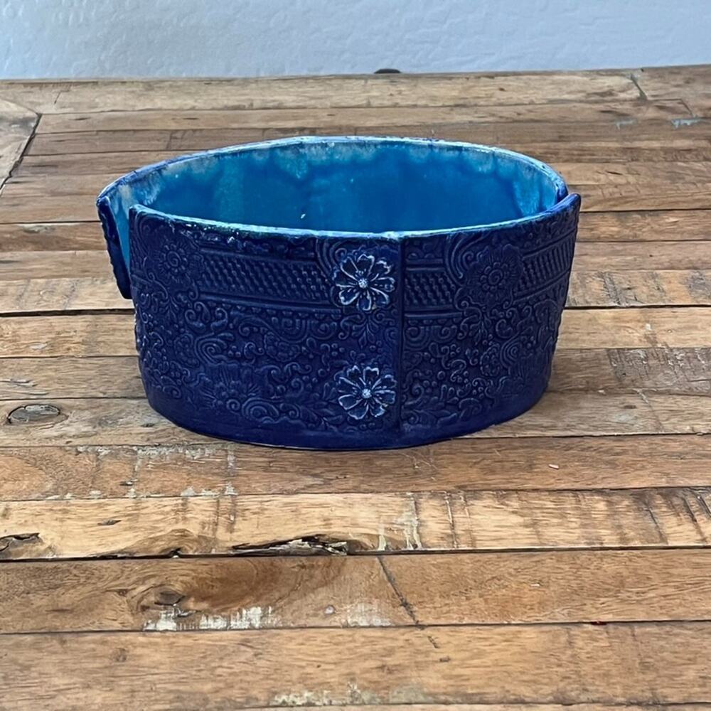 Handcrafted Ceramic Yarn Bowl 8.25" Blue Glaze Embossed Floral Details